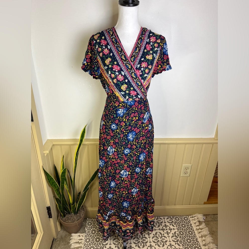 Zesica Floral Wrap Maxi Dress Women’s L Boho Jewel Tone Fall Print Festival